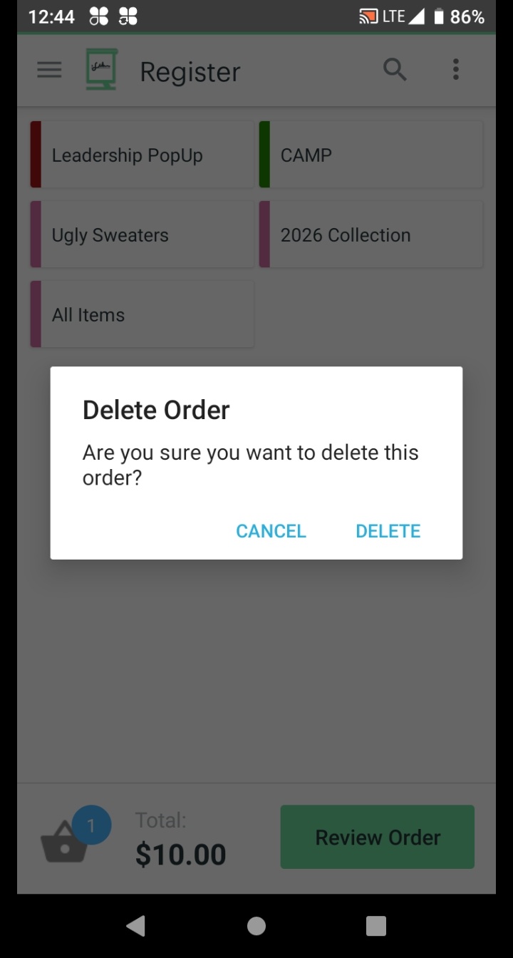 Delete Order confirmation dialog: 'Are you sure you want to delete this order?' with Cancel and Delete buttons.